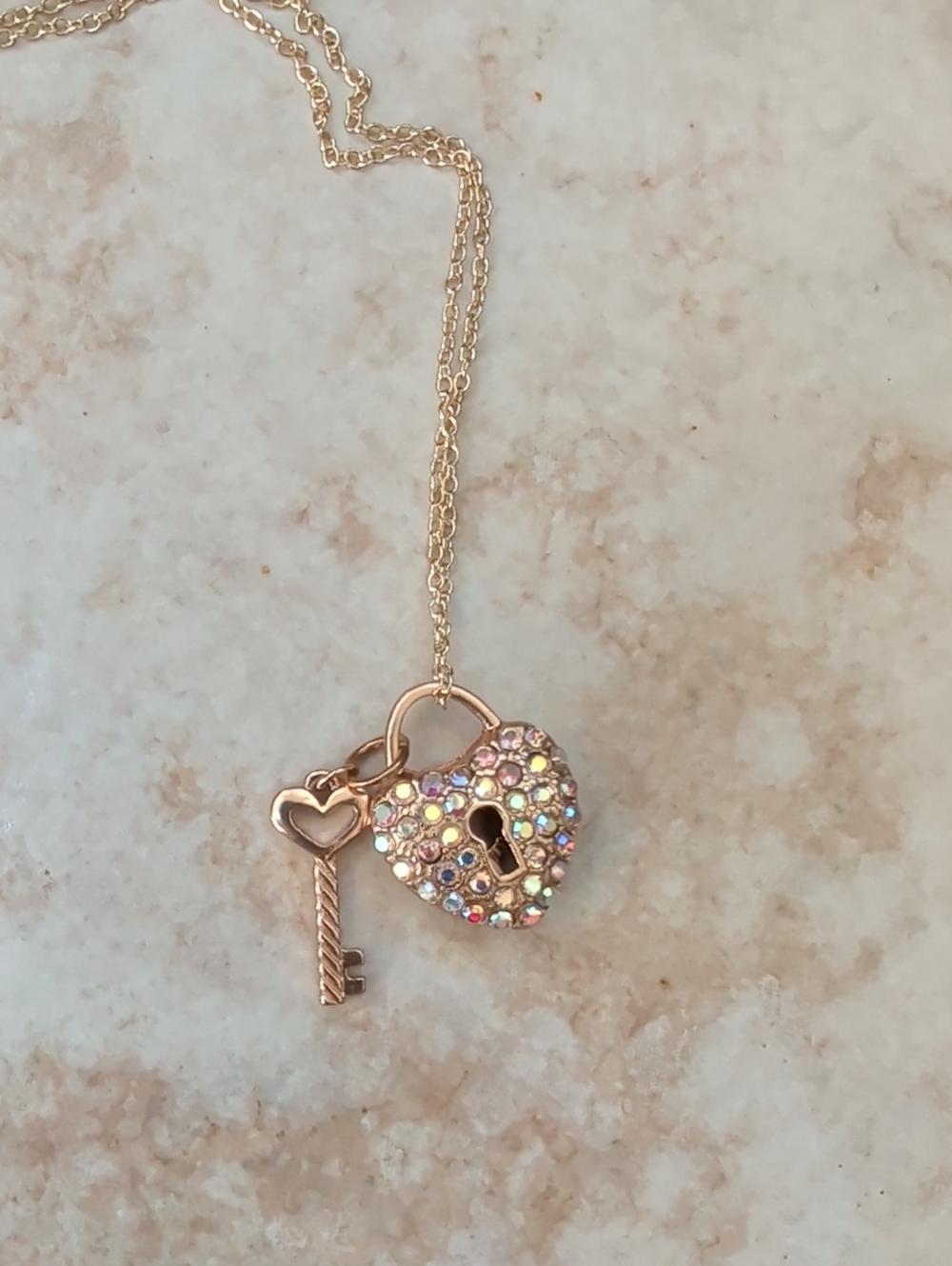 Gold Heart Padlock Necklace with Key Charm